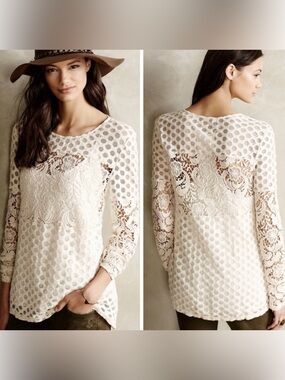 Esley Sheer Embroidered Cotton Mesh Lace Cream Boho Chic Long Sleeve Top Large